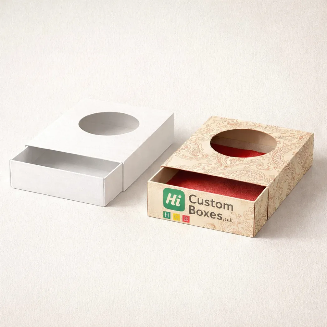 Two slide-out drawer boxes with circular windows- displaying a plain white version and a paisley patterned version-
